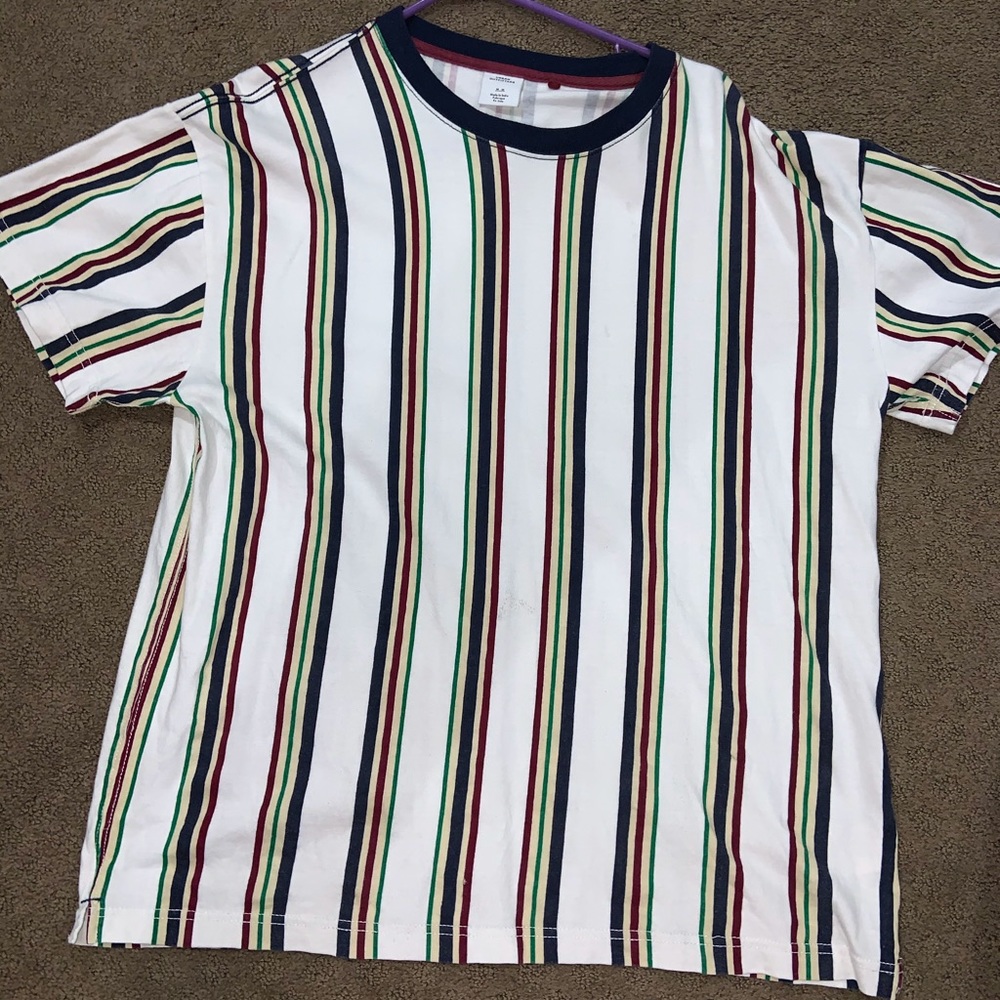 White multi-colored striped Urban Outfitters tee.